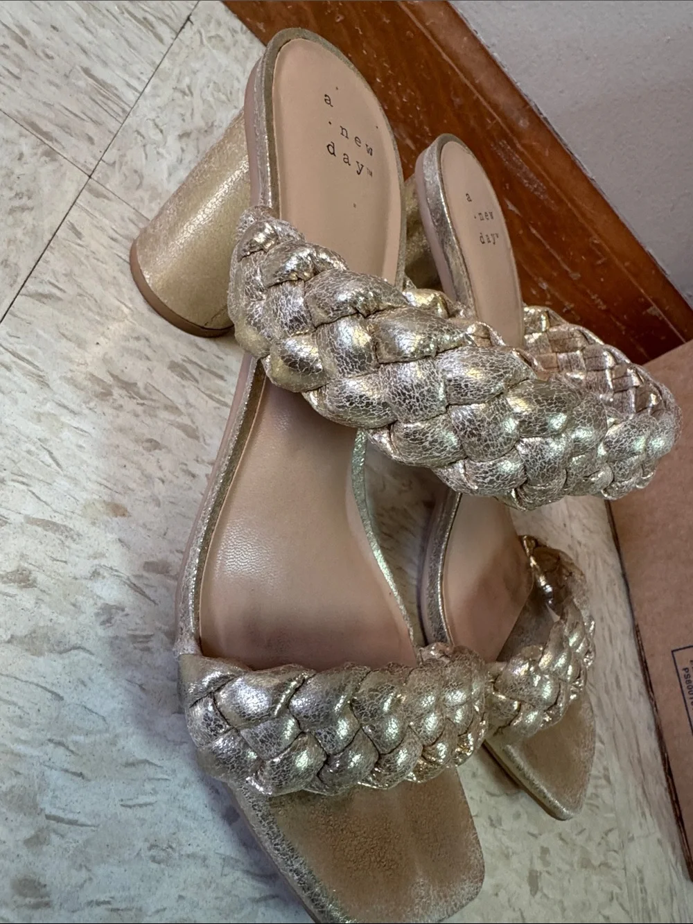 a new day Shimmery Braided-Strap Heeled Sandals in Metallic Gold